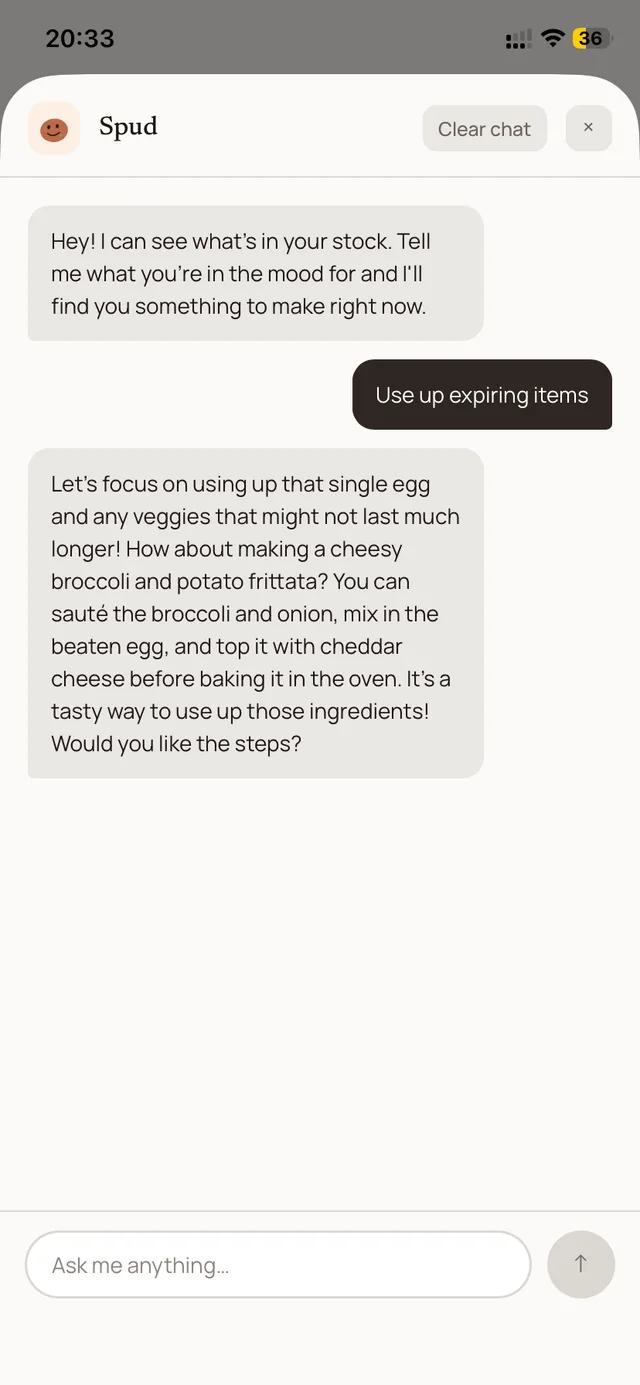 Ask Spud chat screen with a suggested recipe