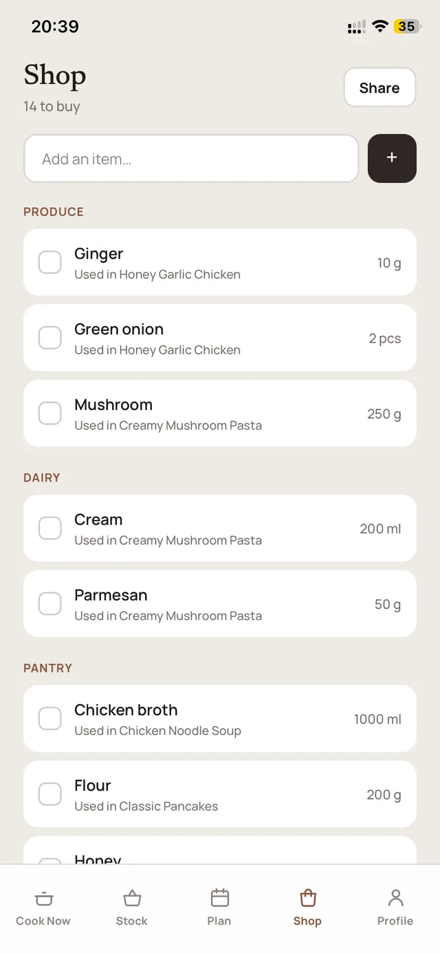 Shopping list screen grouped by aisle