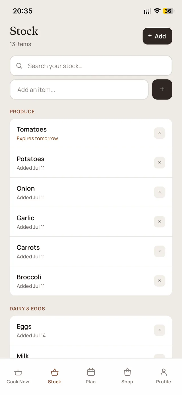 Stock screen showing pantry items and expiry