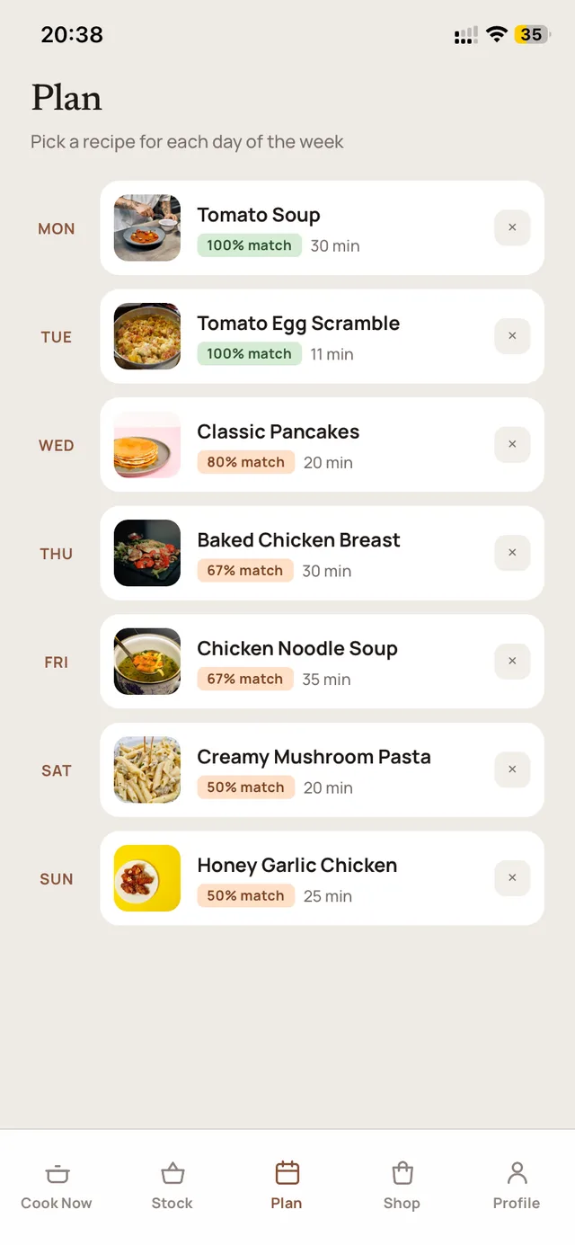 Weekly plan screen with a recipe for each day